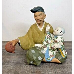 Amazing Antique Japanese Man W/Pipe Child Okimono Figure Meiji Asian Art Japan